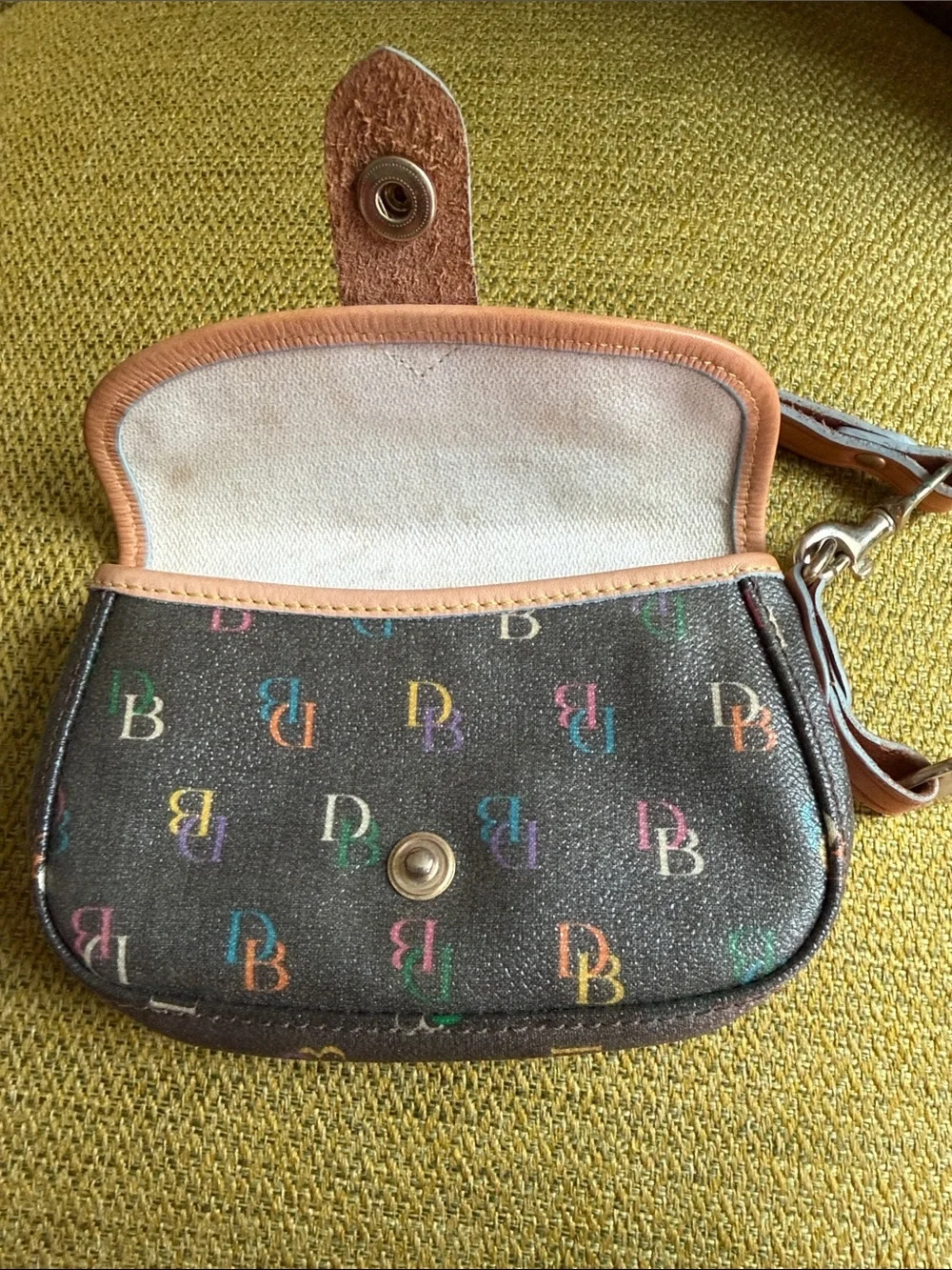 Dooney & Bourke Black Multicolor Monogram Wristlet with Tan Trim